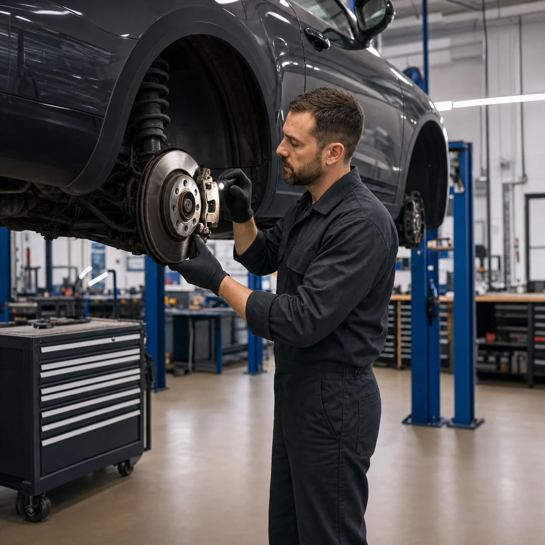 Modern servis ortamında teknisyenin otomobilin fren sistemini çalışma ışığıyla incelediği oto servis Instagram gönderisi