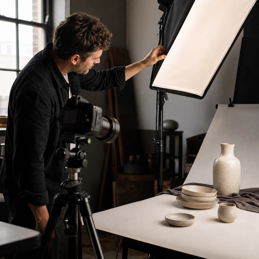 Fotoğraf stüdyosunda fotoğrafçının seramik ürün seti için softbox ışığını ayarladığı kare kulis gönderisi