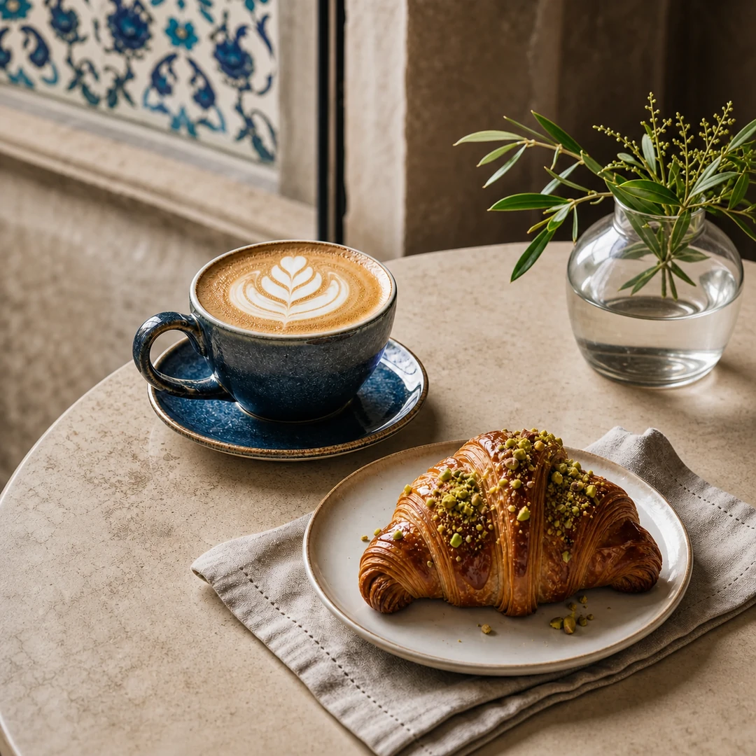 Lacivert fincanda latte, fıstıklı kruvasan ve doğal masa düzeni bulunan profesyonel kafe Instagram gönderisi