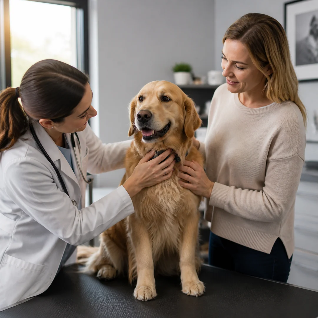 Aydınlık veteriner kliniğinde hekimin golden retriever cinsi köpeği sahibi yanındayken kontrol ettiği kare gönderi